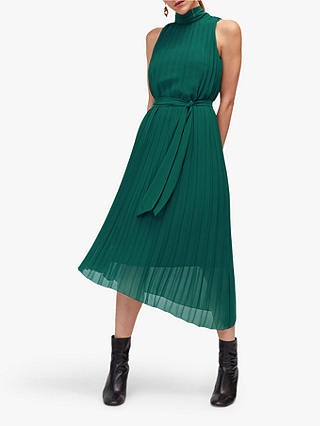 Warehouse Pleated Midi Halterneck Dress, Dark Green