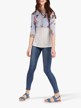 Joules Sonya Floral Stripe Jersey Woven Top, Light Blue Chinoise