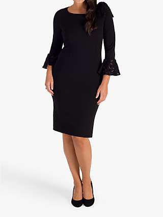 Chesca Sequin Lace Bow Trim Crepe Dress, Black