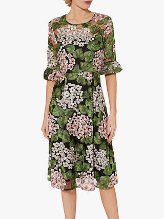 Gina Bacconi Orietta Botanical Embroidery Dress, Green/White Floral