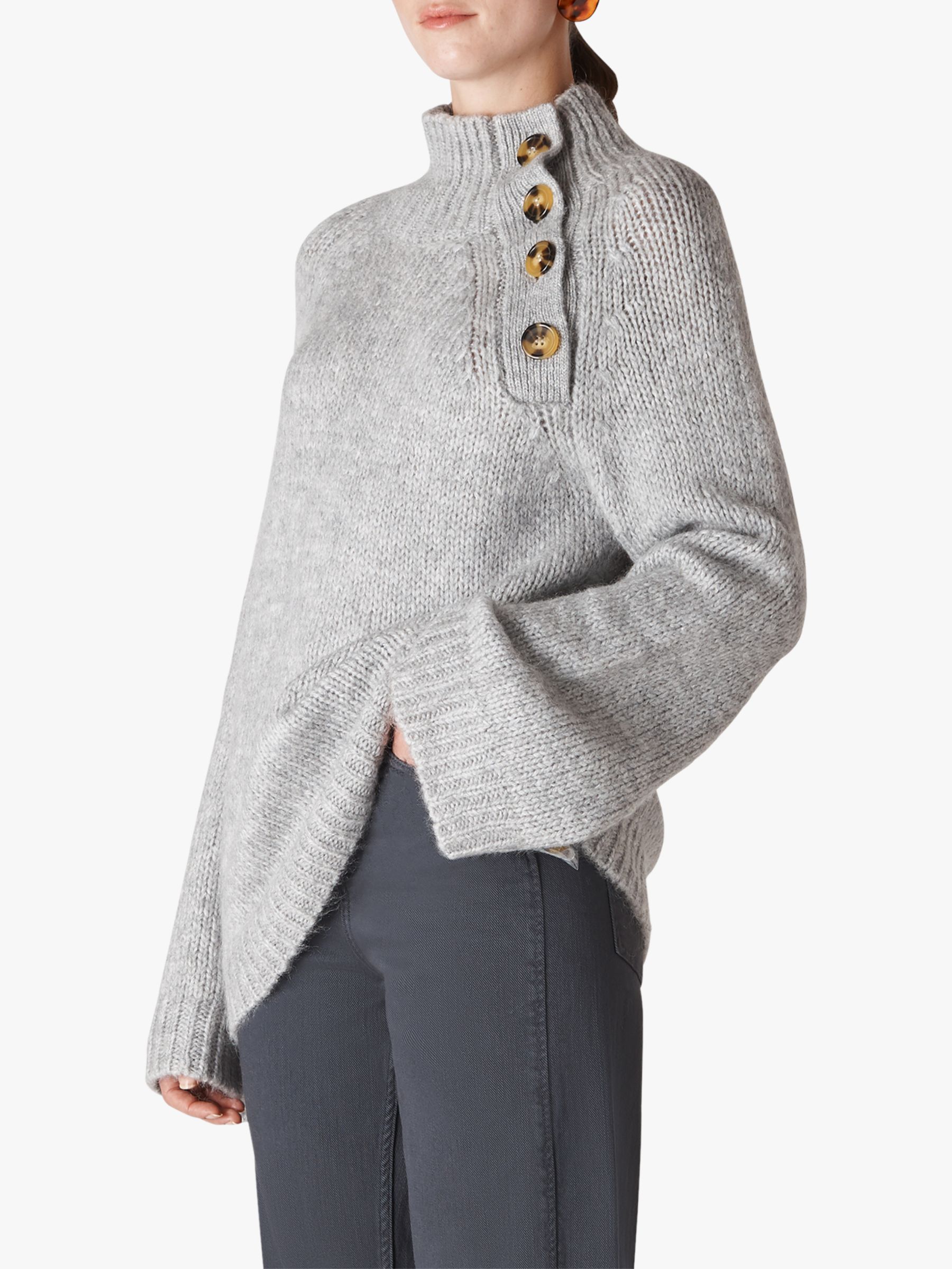 Whistles Button Neck Knit Jumper, Grey Marl at John Lewis ...