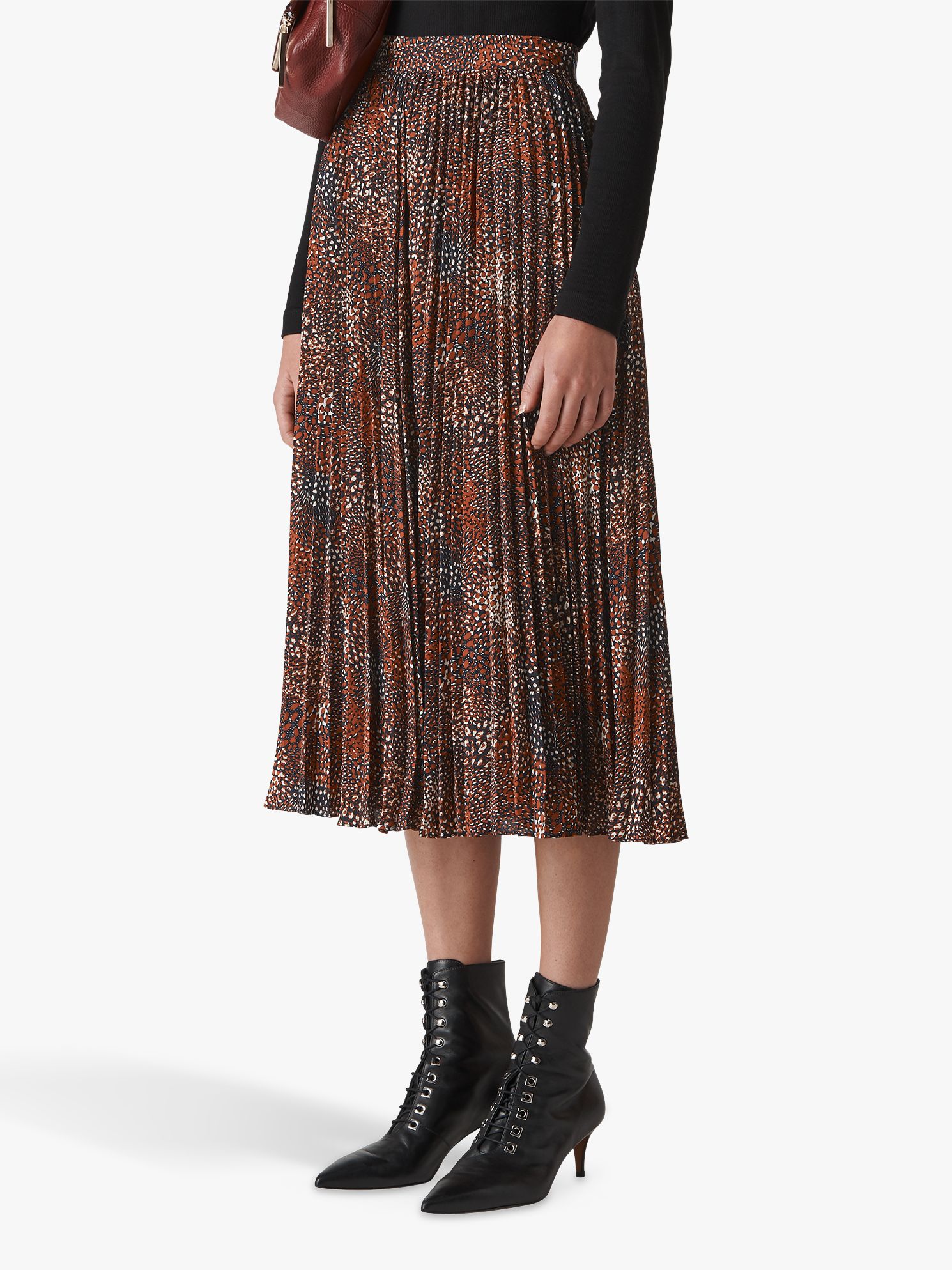 Whistles Abstract Animal Print Pleated Skirt, Brown/Multi