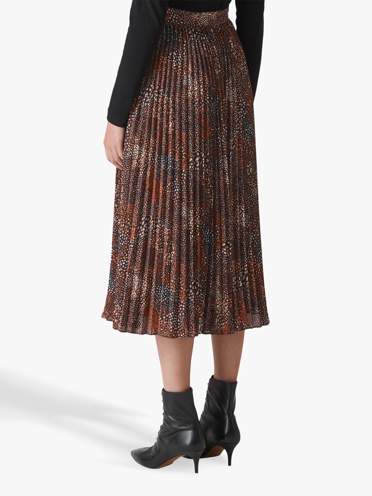 Whistles Abstract Animal Print Pleated Skirt, Brown/Multi