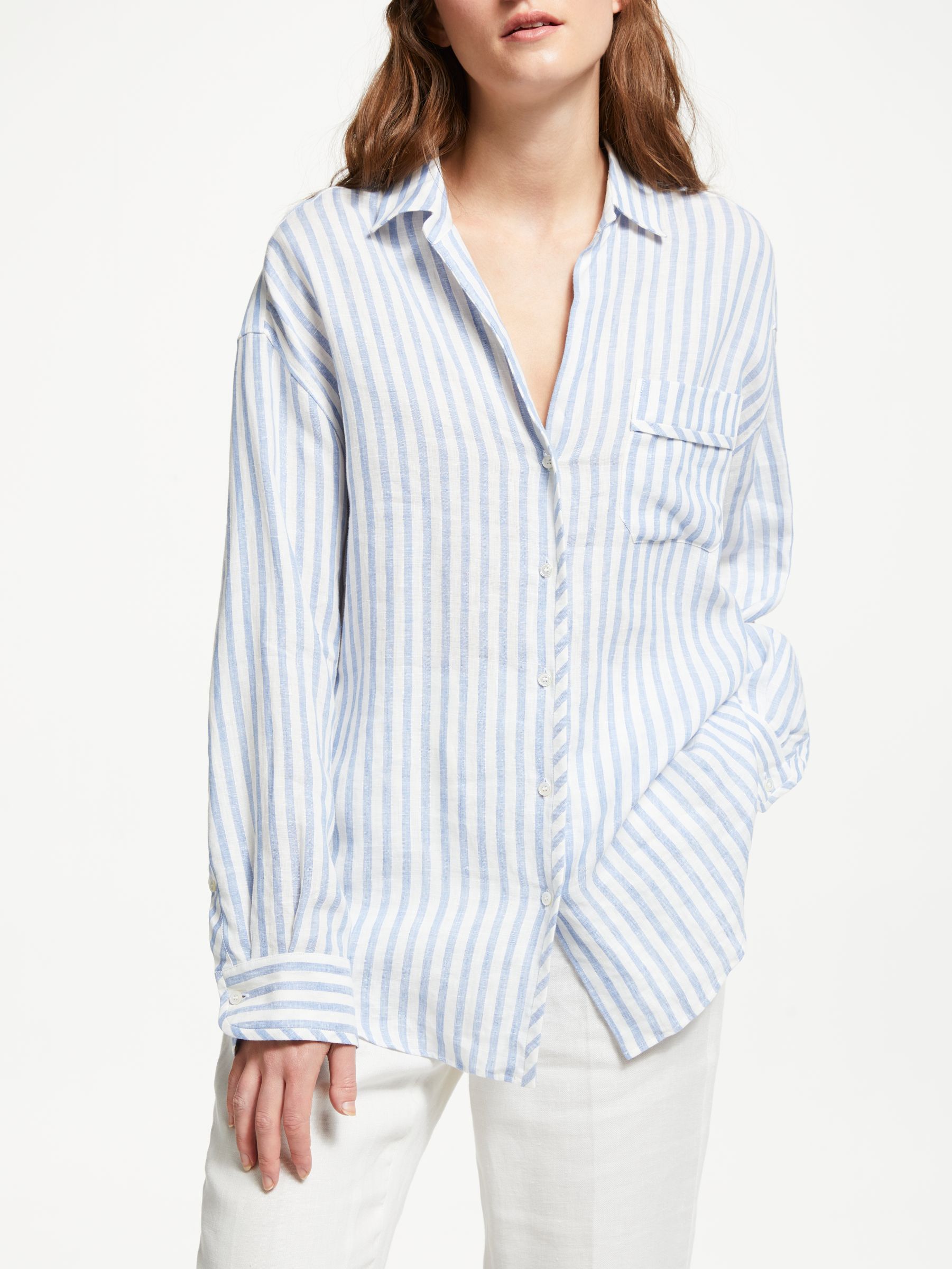Weekend MaxMara Linen Stripe Shirt, Light Blue at John Lewis & Partners