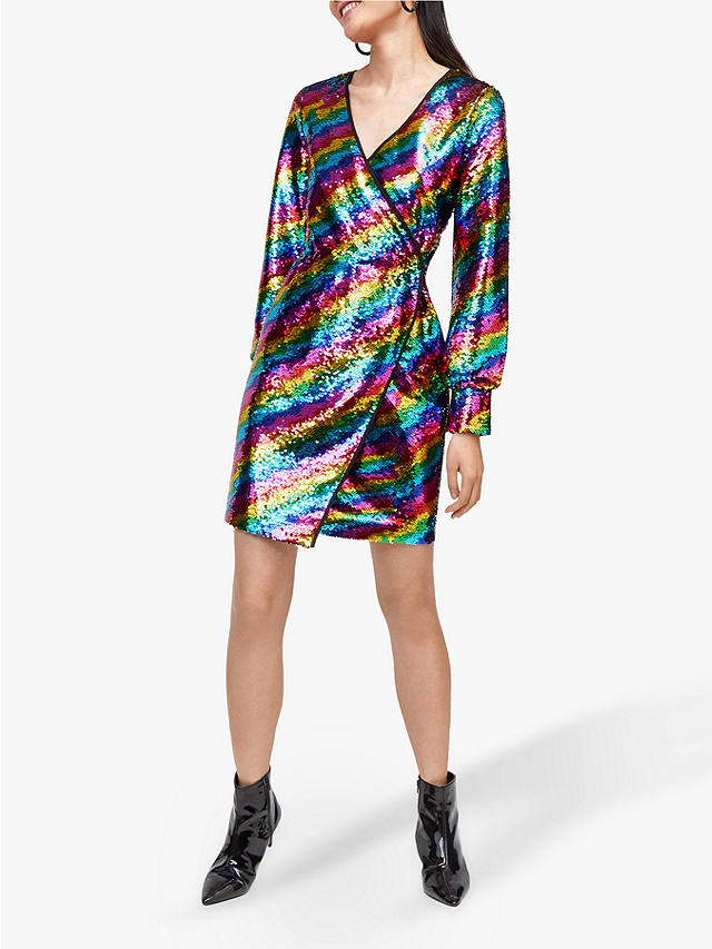 Warehouse Rainbow Sequin Wrap Dress, Multi