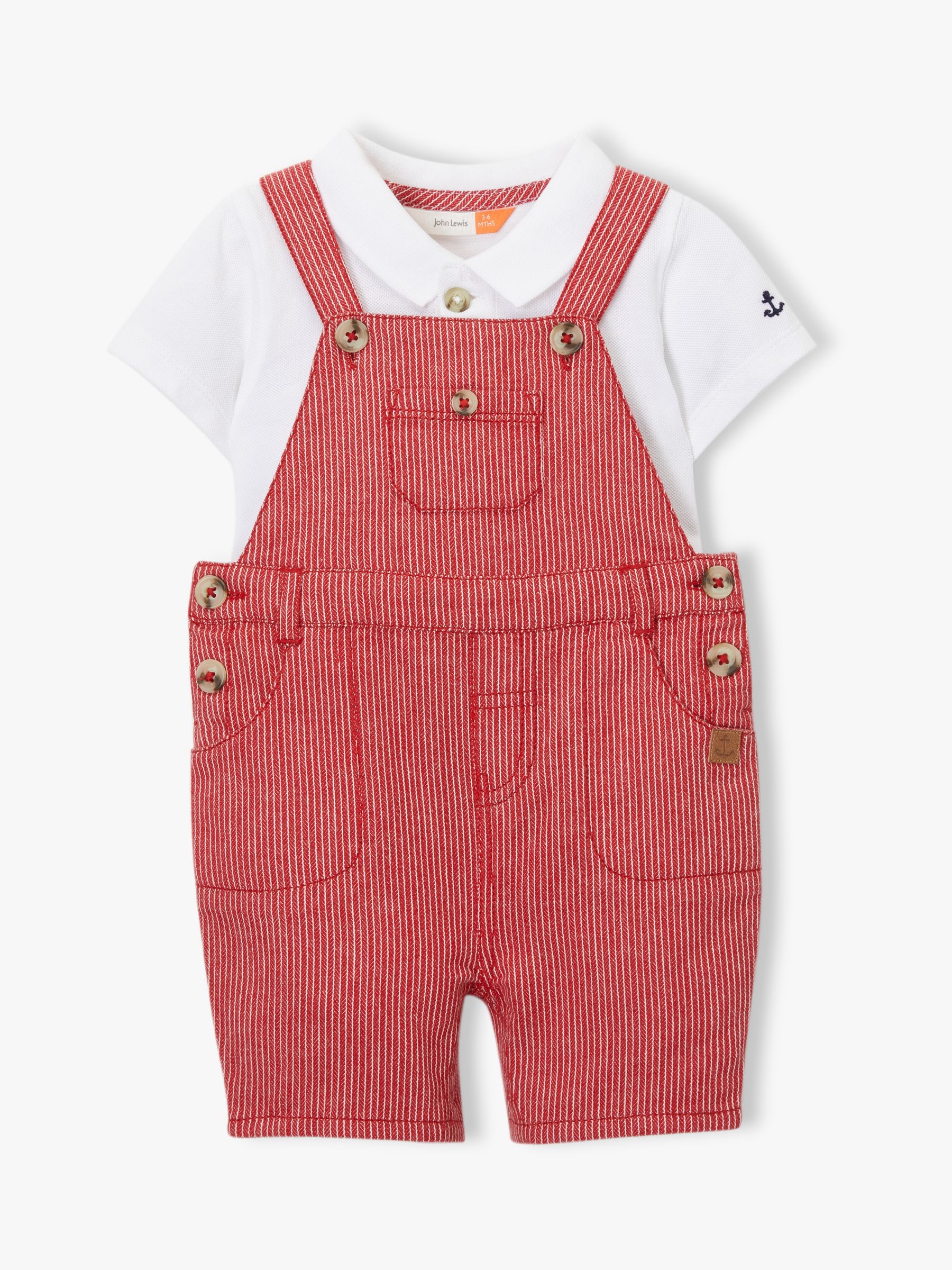 John Lewis & Partners Baby Stripe Dungaree and T-Shirt Set, Red