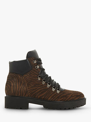 Dune Peakie Tiger Print Lace Up Ankle Boots, Brown Suede