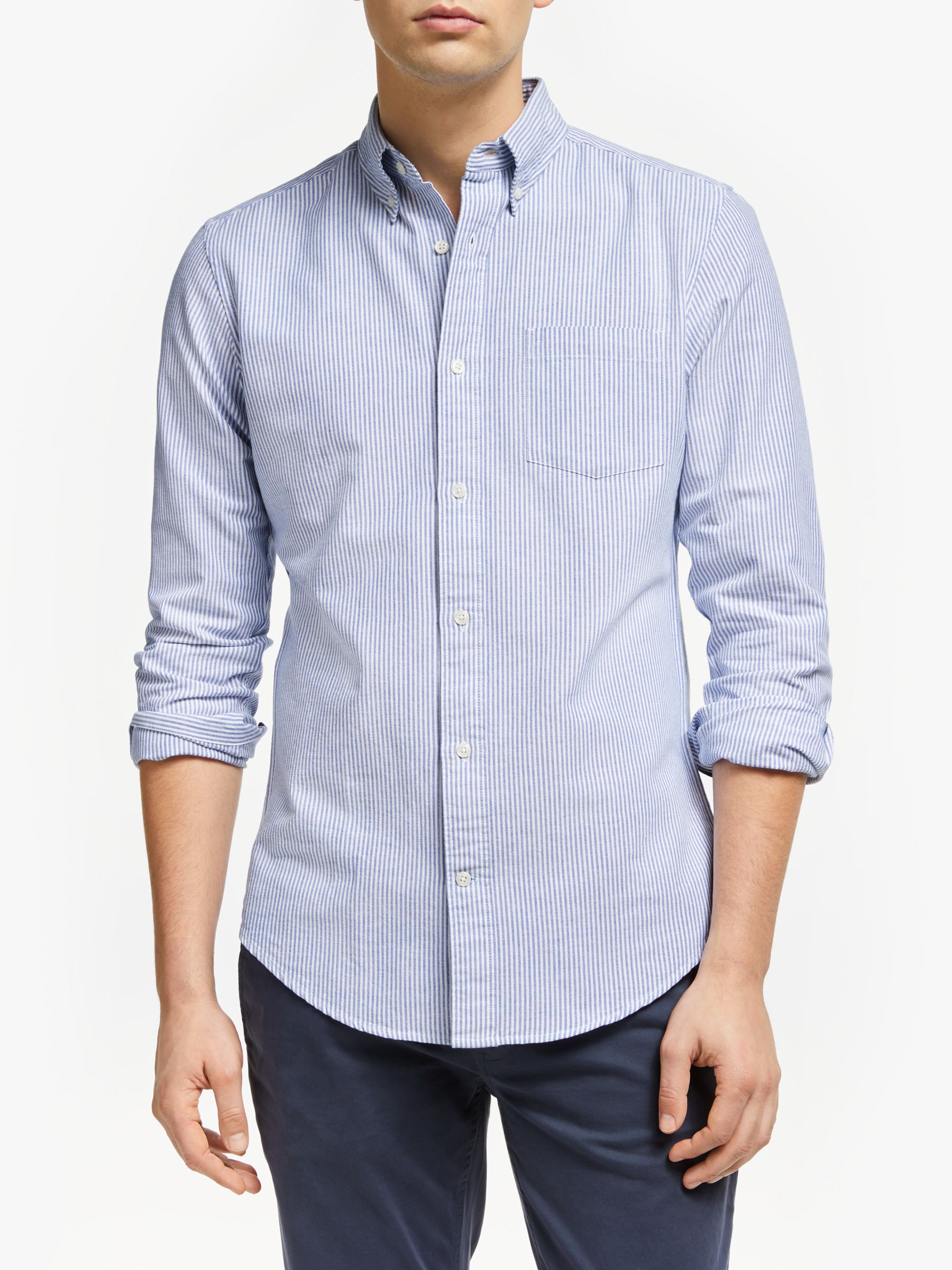 John Lewis & Partners Regular Fit Bengal Stripe Oxford Shirt, Blue at ...