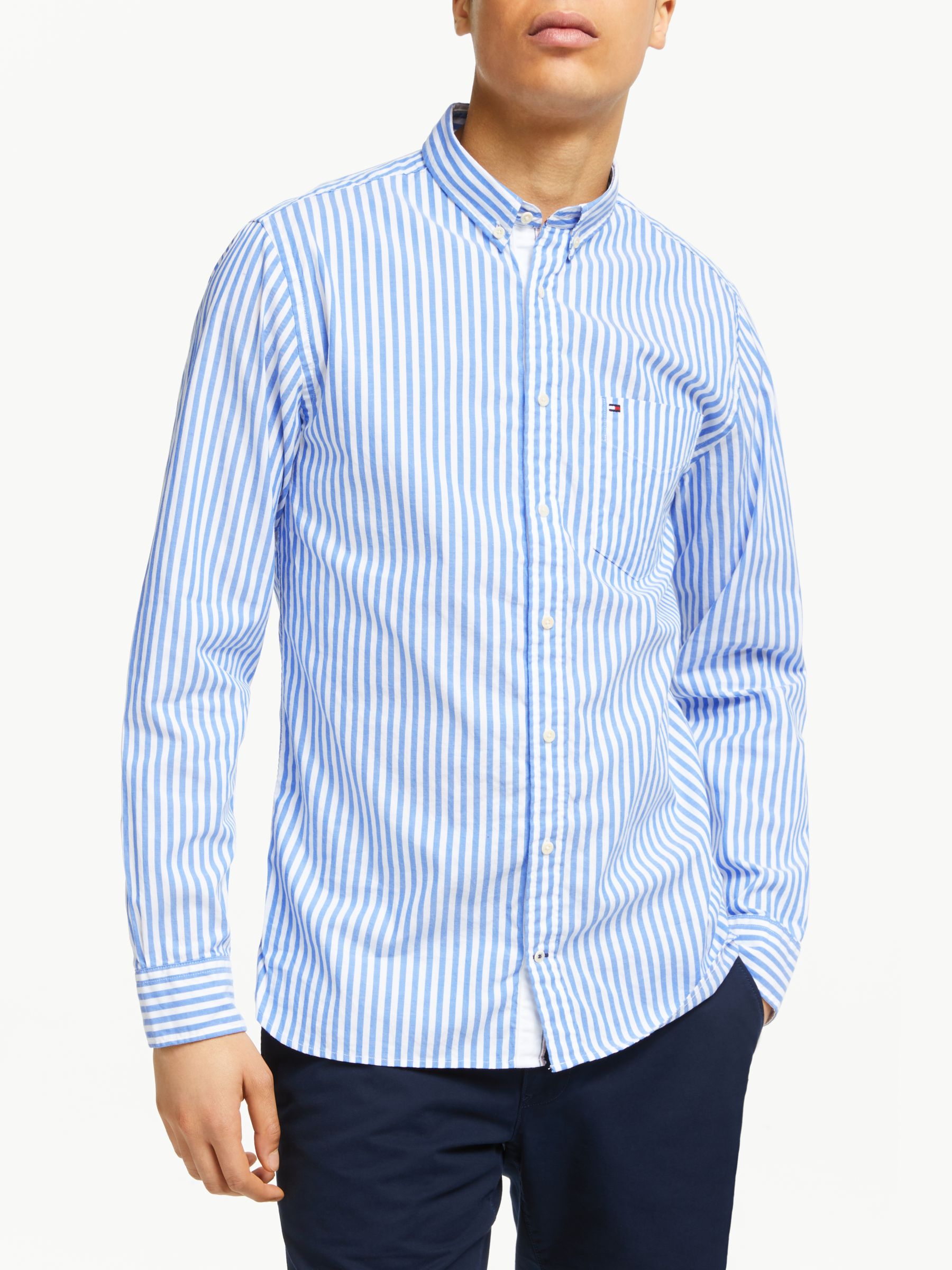 blue and white striped tommy hilfiger shirt