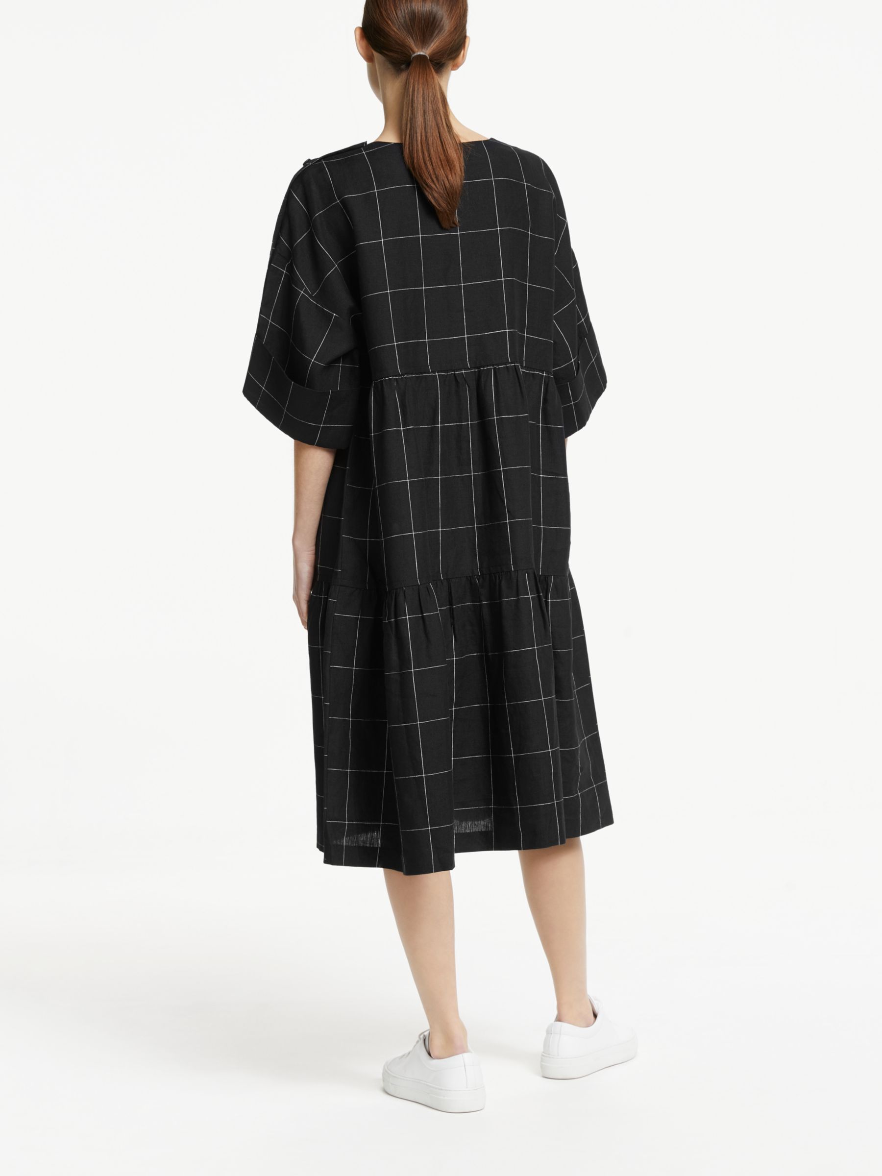 Kin Linen Tiered Window Pane Dress, Black