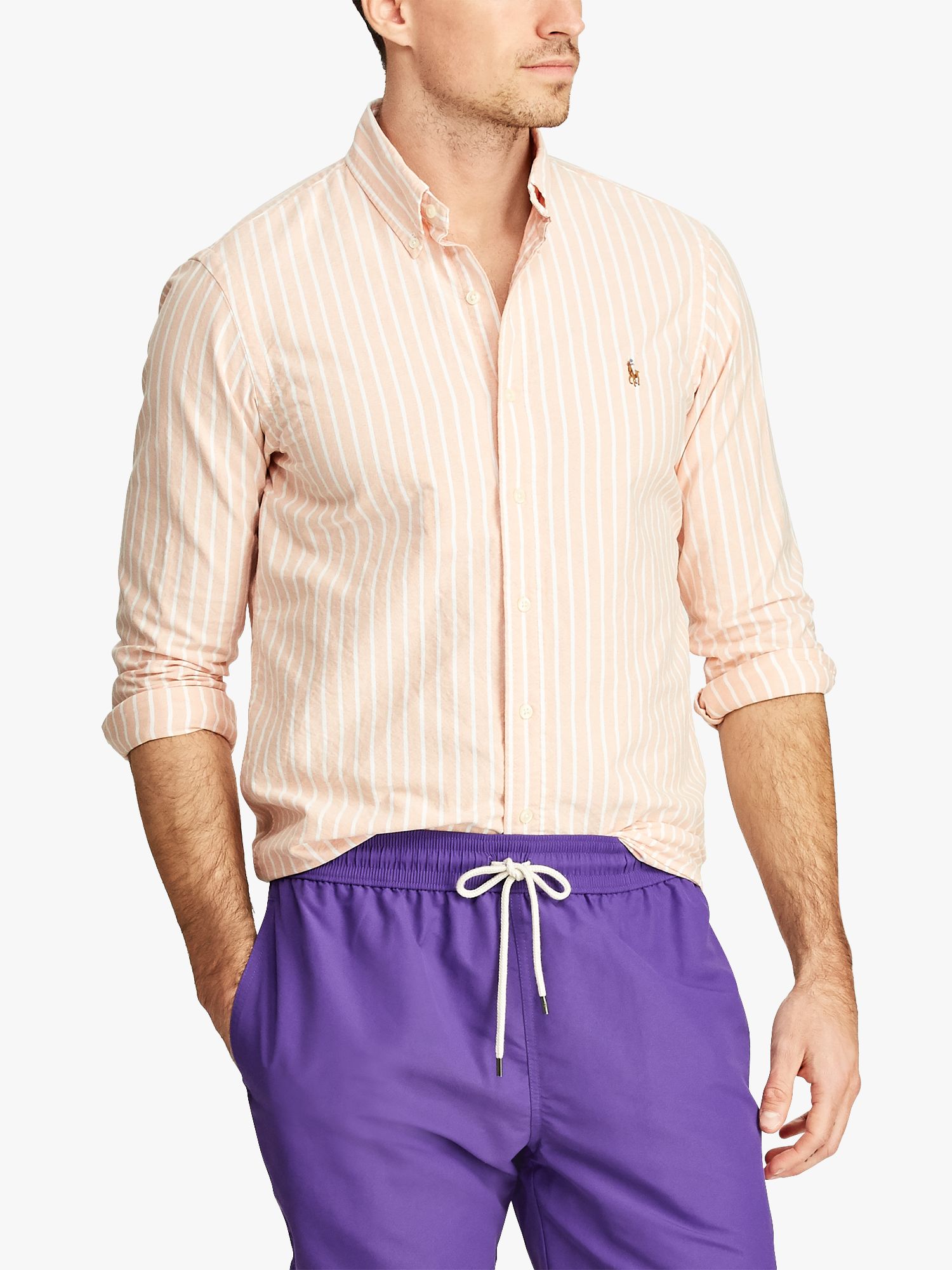 Polo Ralph Lauren Slim Fit Striped Oxford Shirt, Tangerine/White
