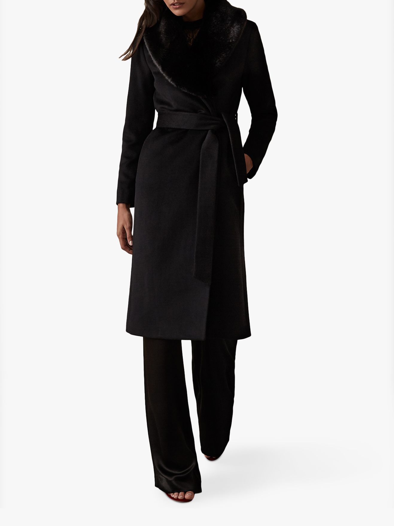 Reiss Orson Faux Fur Collar Wool Coat, Black