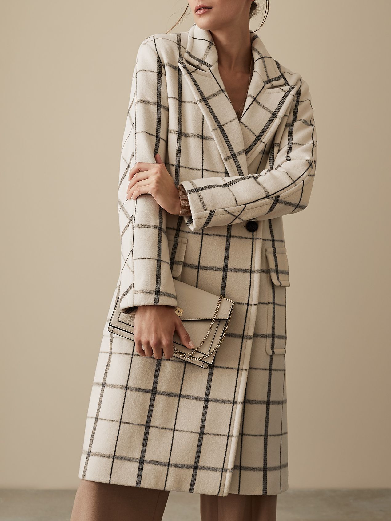 Reiss Atticus Check Tailored Wool Coat, Cream