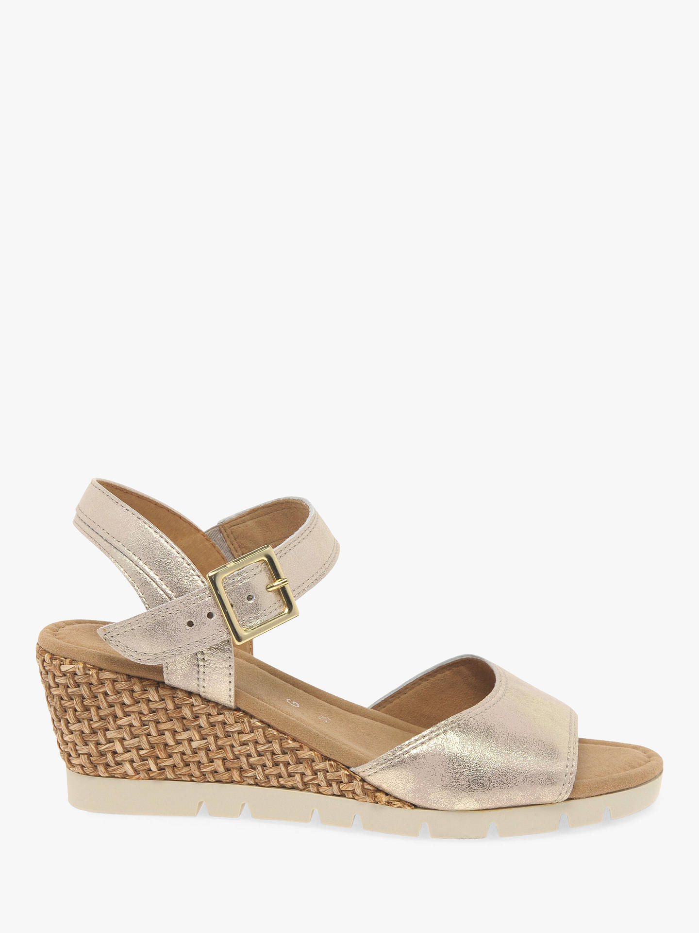 Gabor Nieve Wide Fit Wedge Heel Sandals, Gold Leather at John Lewis ...