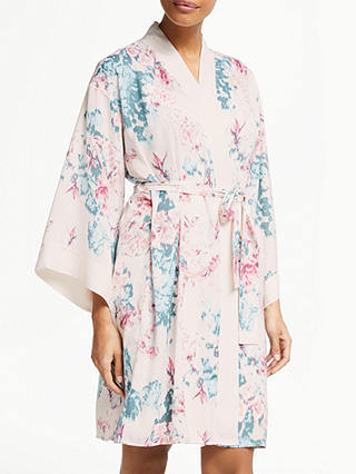 John Lewis & Partners Laurie Satin Floral Print Kimono, Pink/Turquoise