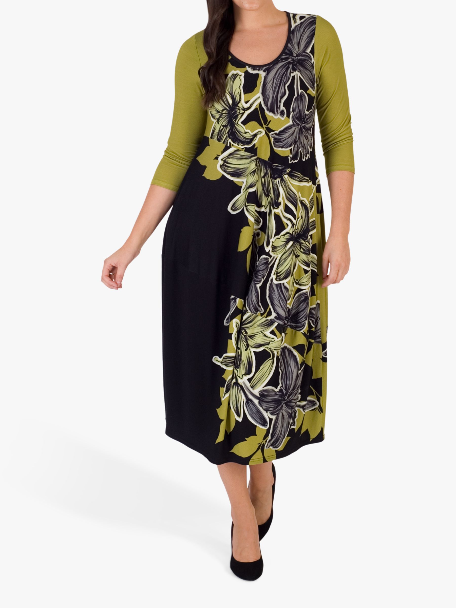 chesca Floral Draped Dress, Black/Lime