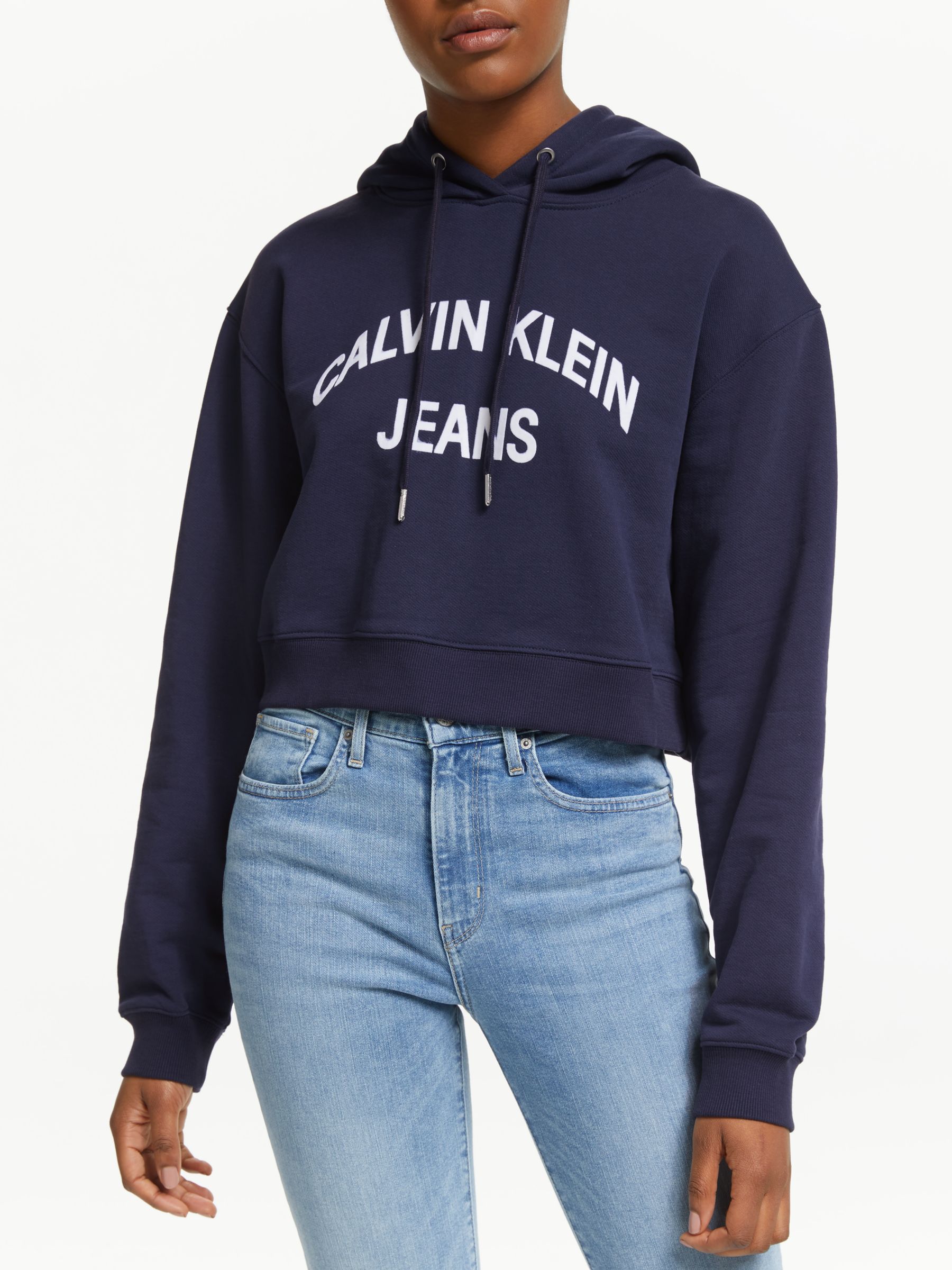 Calvin Klein Jeans Curved Logo Cropped Hoodie, Peacoat