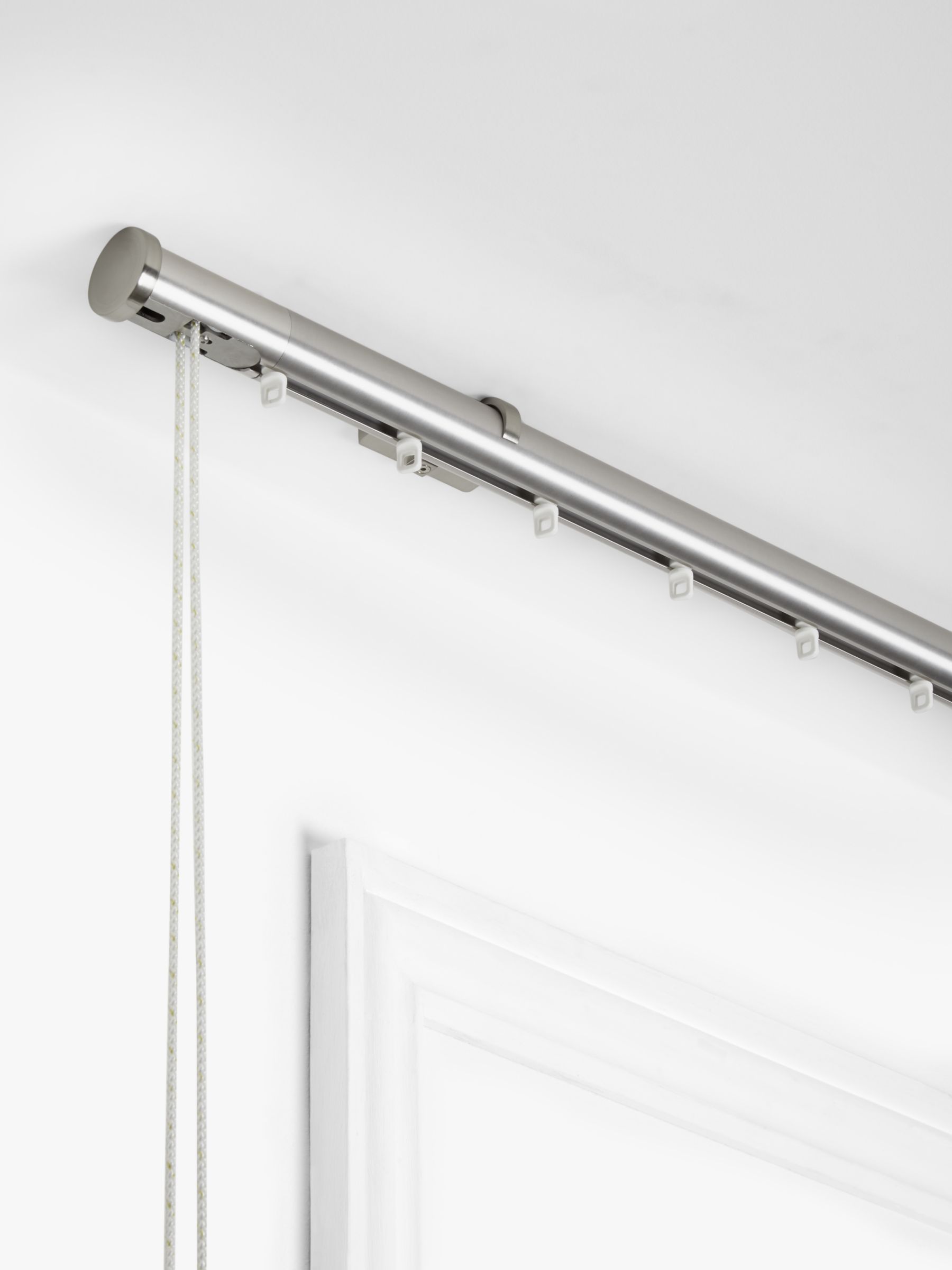 John Lewis Partners Made To Measure Revolution Bay Bend Curtain Track With Gliders And Disc Finials Flush Ceiling Fix Dia 30mm Brushed Nickel