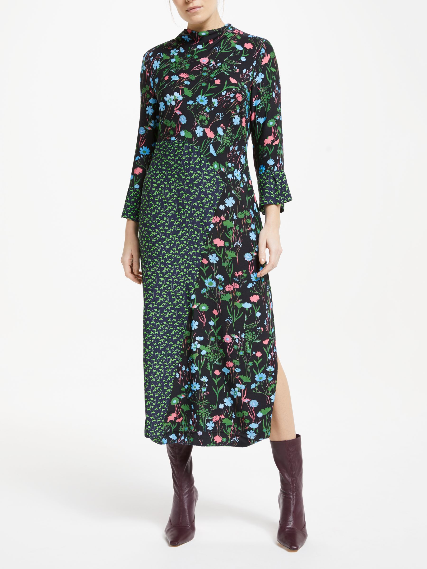 Finery Mia Floral Side Slit Midi Dress, Green/Multi at John Lewis ...