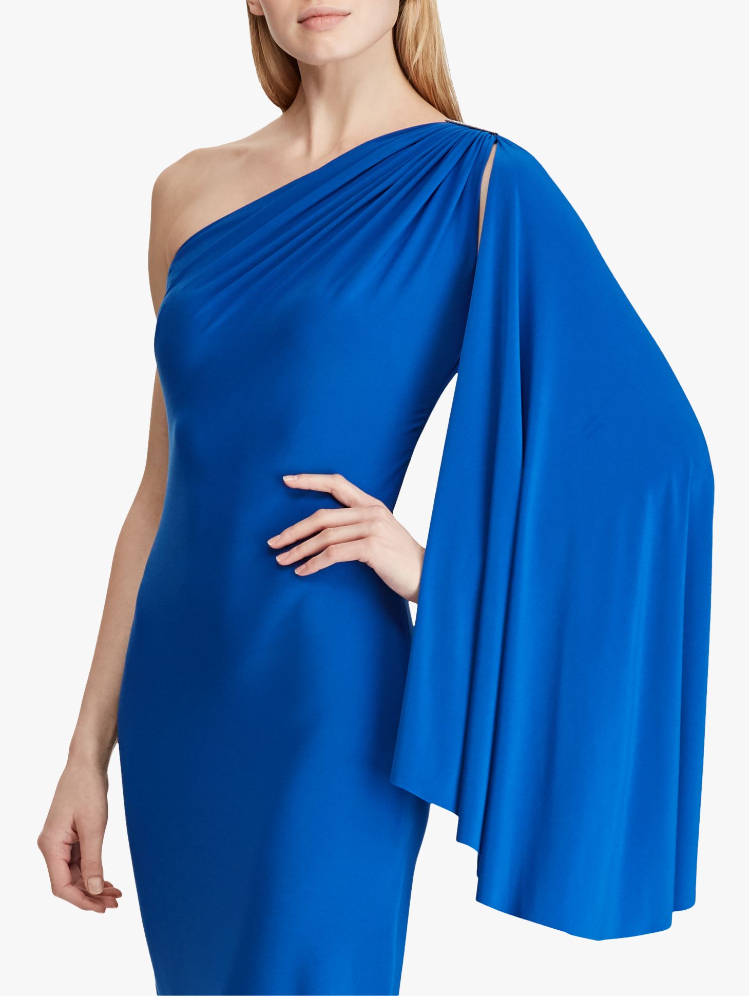 ralph lauren one shoulder cape gown