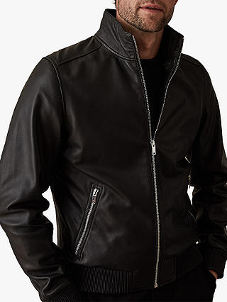 Reiss Harris Leather Funnel Neck Jacket, Black