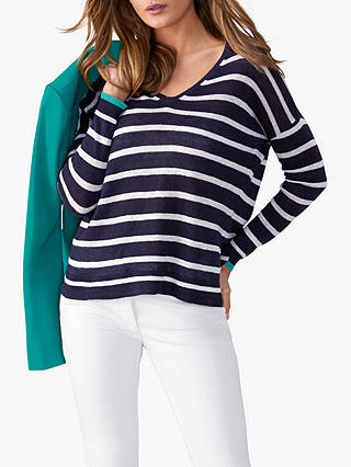 Pure Collection V-Neck Linen Striped Jumper, Navy/White
