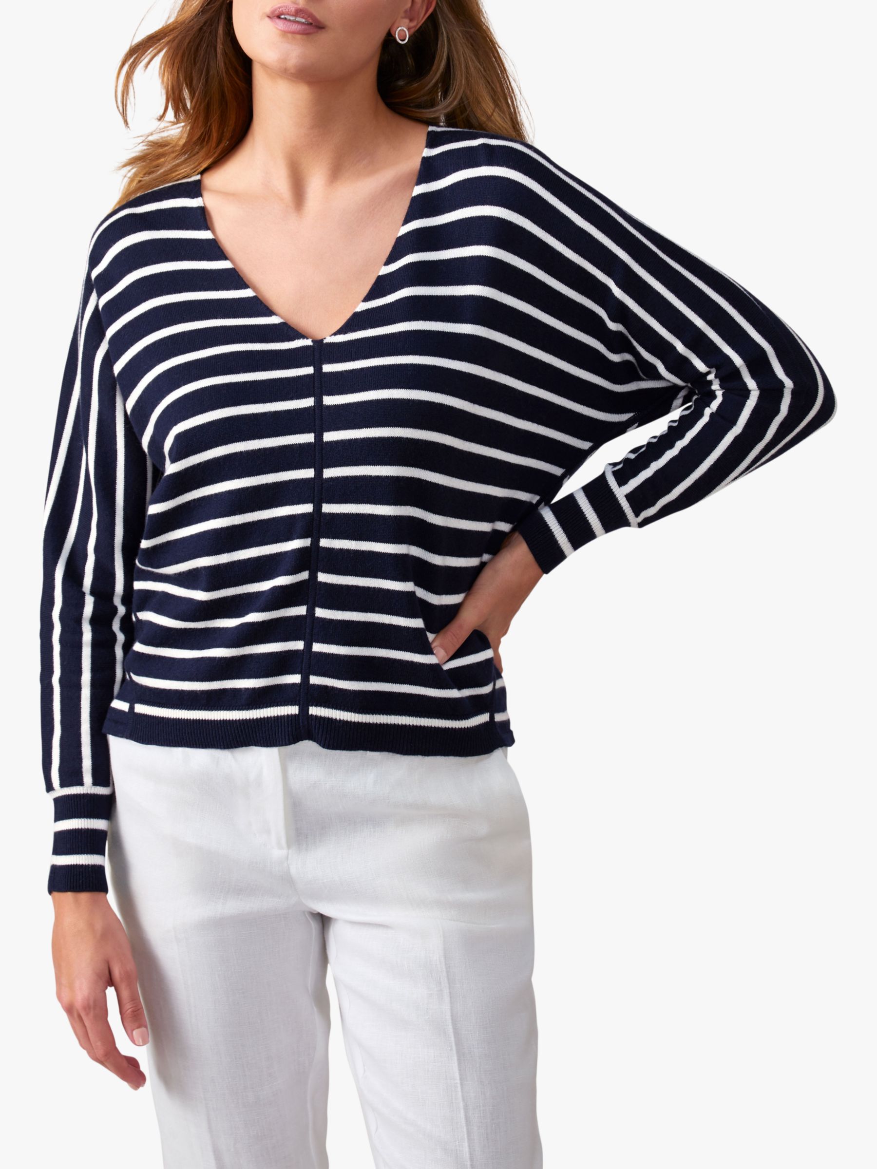 Pure Collection V-Neck Striped Cashmere Blend Jumper, Navy/Optic White