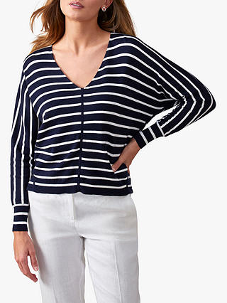 Pure Collection V-Neck Striped Cashmere Blend Jumper, Navy/Optic White
