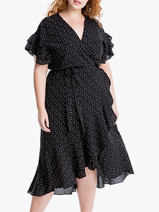 Max Studio + Spot Print Ruffle Sleeve Wrap Dress, Black/Ivory
