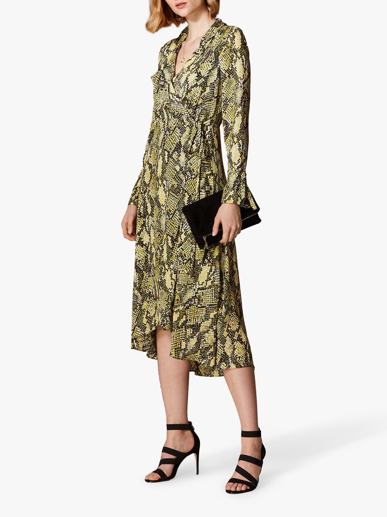 Karen Millen Snake Print Wrap Dress, Yellow/Multi