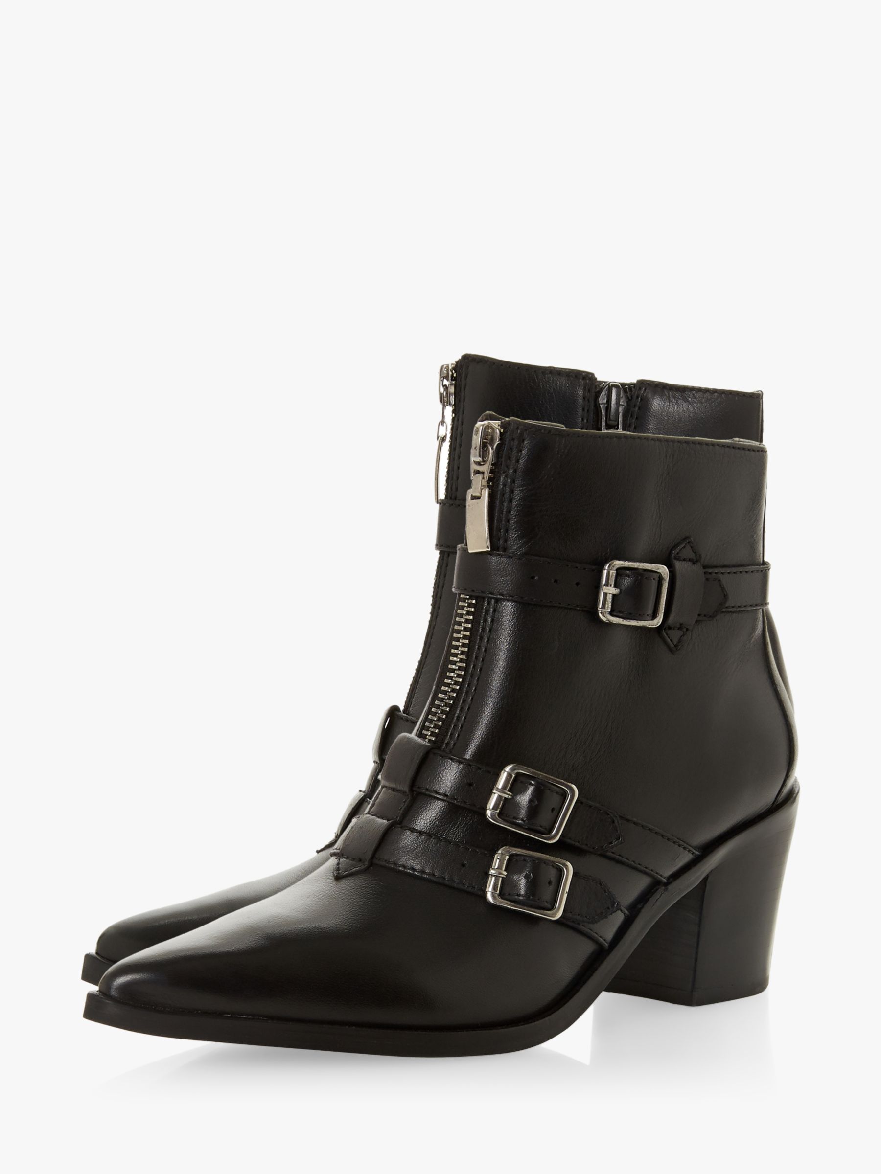 Dune Princely Block Heel Ankle Boots, Black Leather