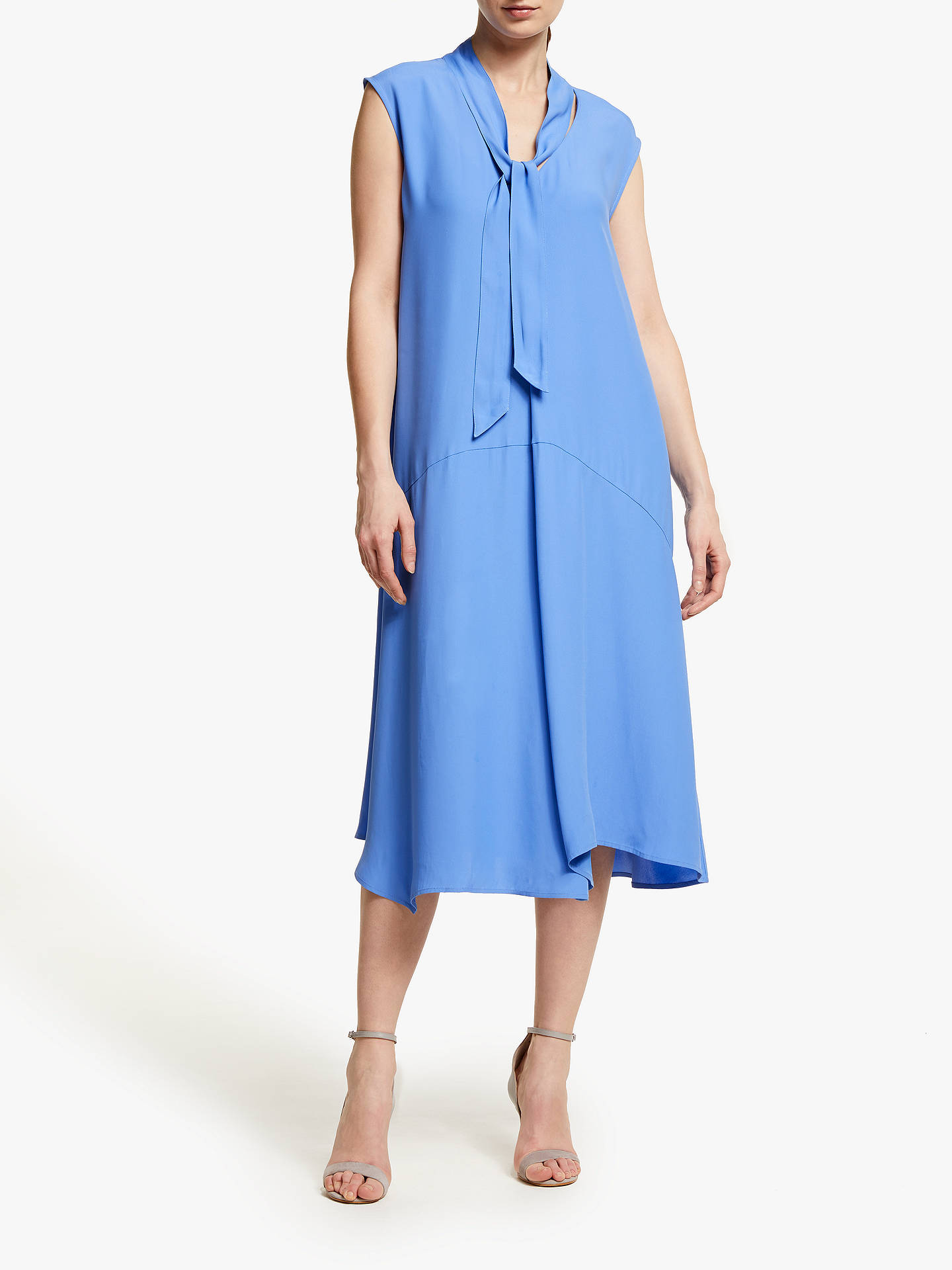 John Lewis & Partners Tie Neck Asymmetric Hem Midi Dress, Ultramarine Blue at John Lewis & Partners