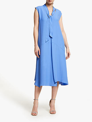 John Lewis & Partners Tie Neck Asymmetric Hem Midi Dress, Ultramarine Blue