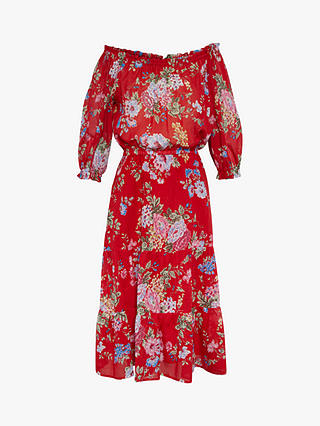 Gerard Darel Gait Floral Bardot Cotton Dress, Red/Multi