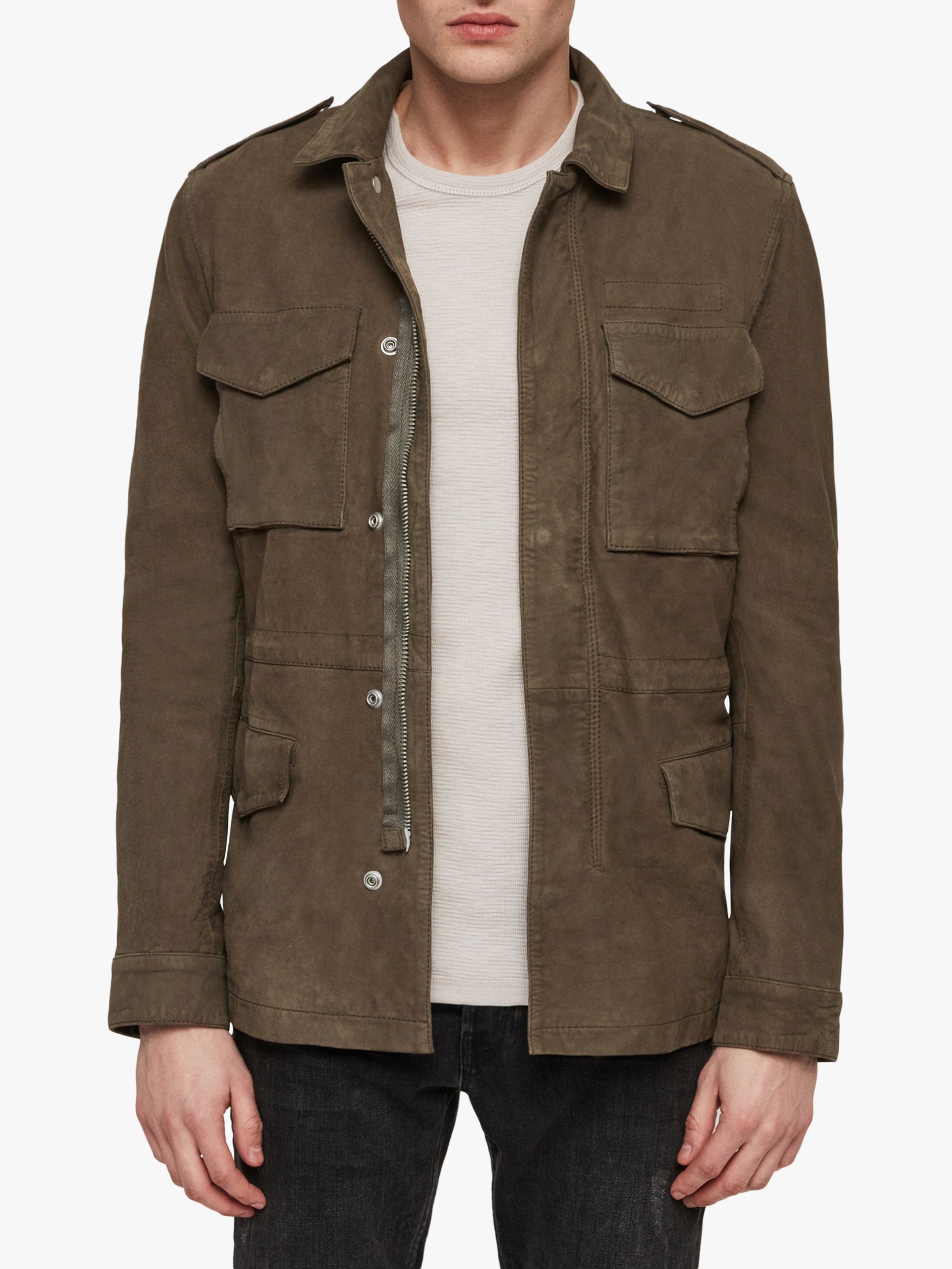 AllSaints Courte Leather Military Jacket, Dark Khaki
