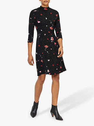 Warehouse Floral Spot Flippy Dress, Black Pattern