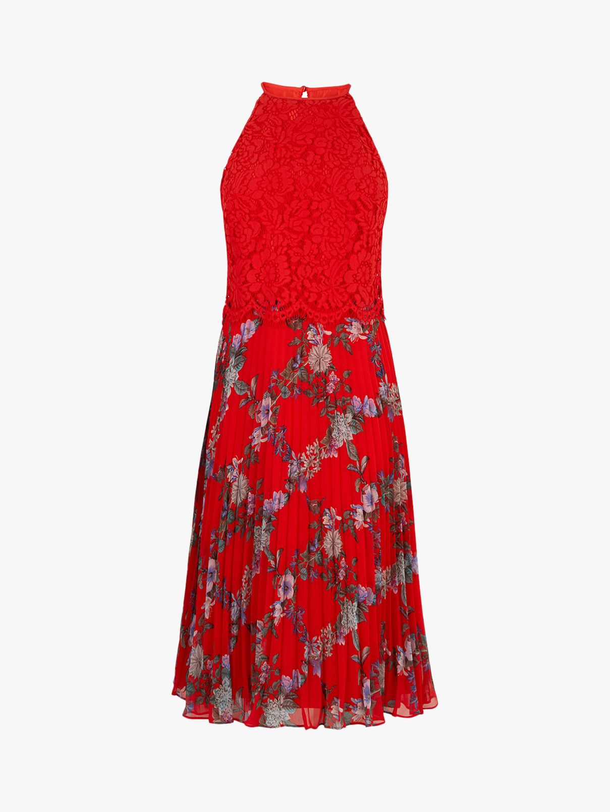 Oasis Bloom Floral Pleated Midi Dress, Red/Multi