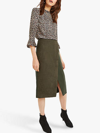 Oasis Faux Suede Asymmetric Midi Skirt, Khaki