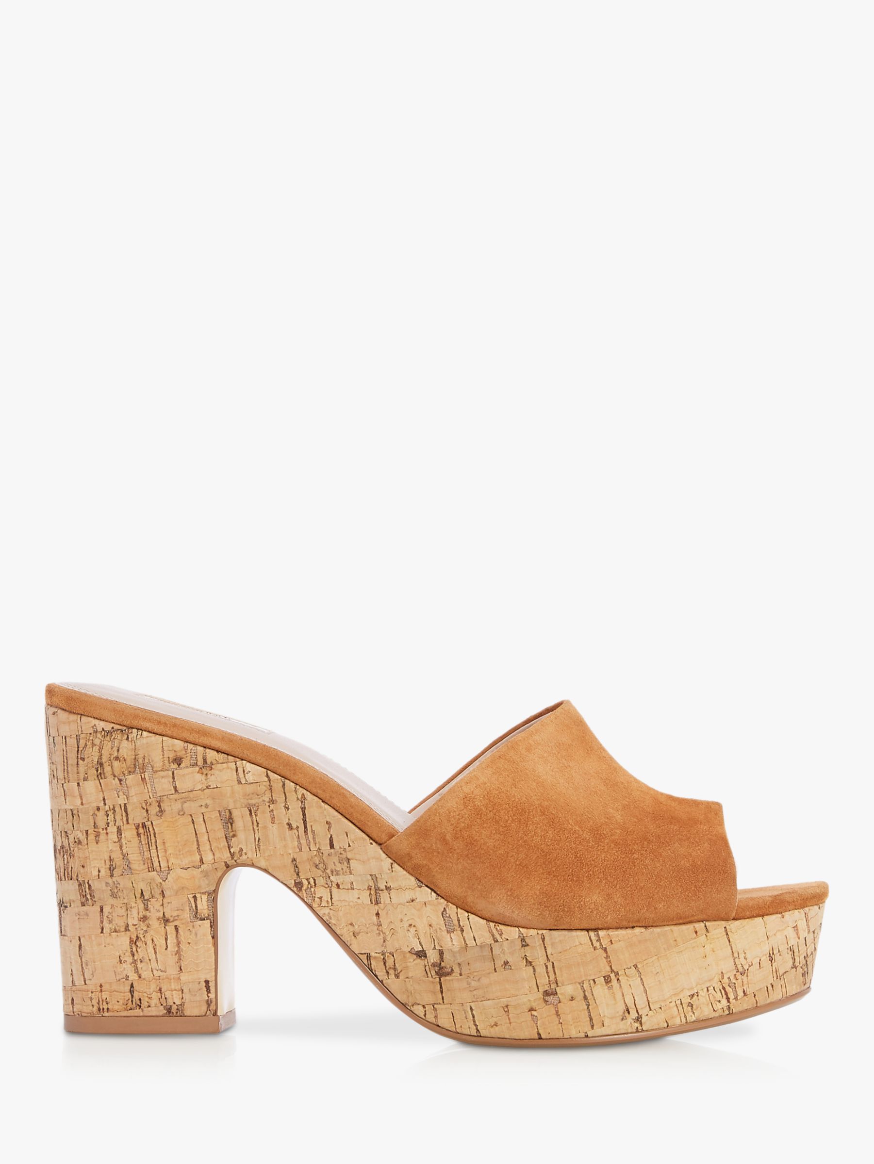 Dune Indigow Cork Heel Mule Sandals, Tan Suede at John Lewis & Partners