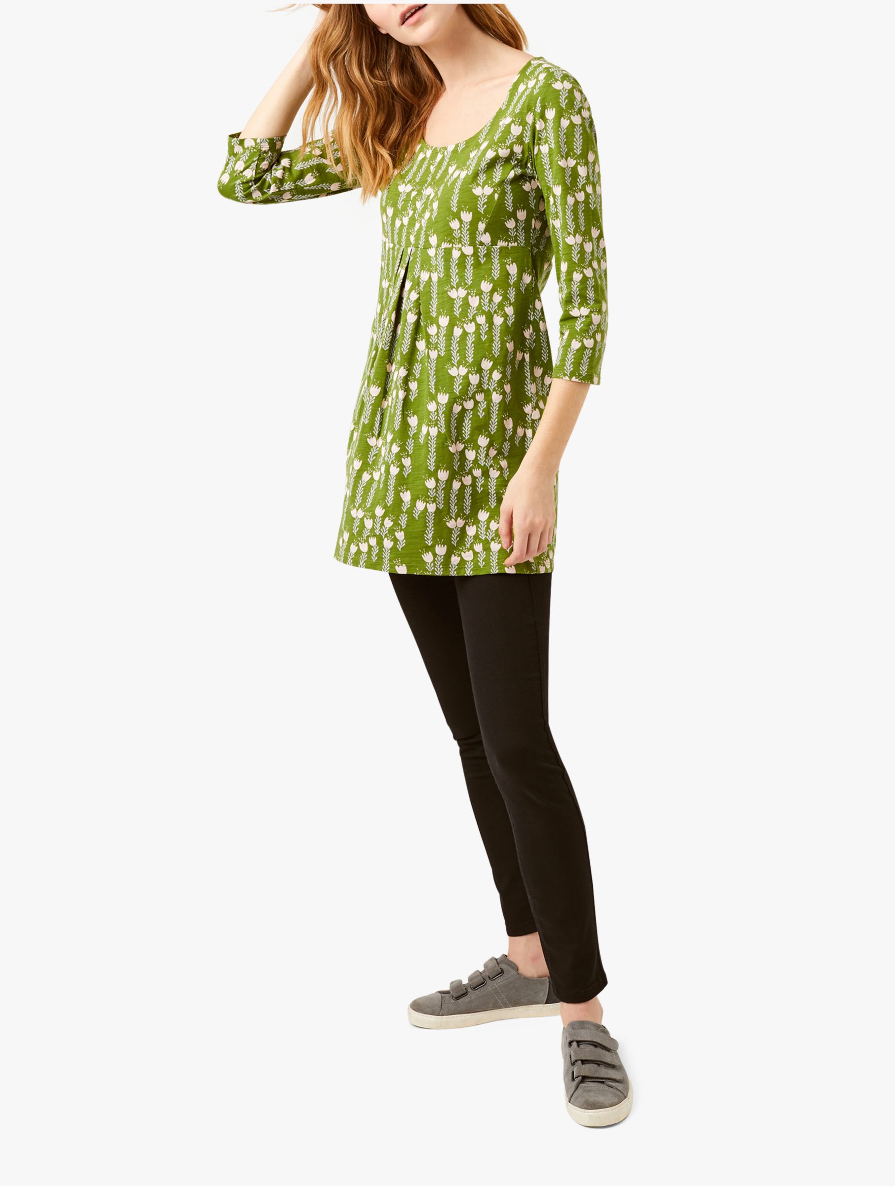 White Stuff Pippy Floral Cotton Jersey Tunic Top, Ivy Green