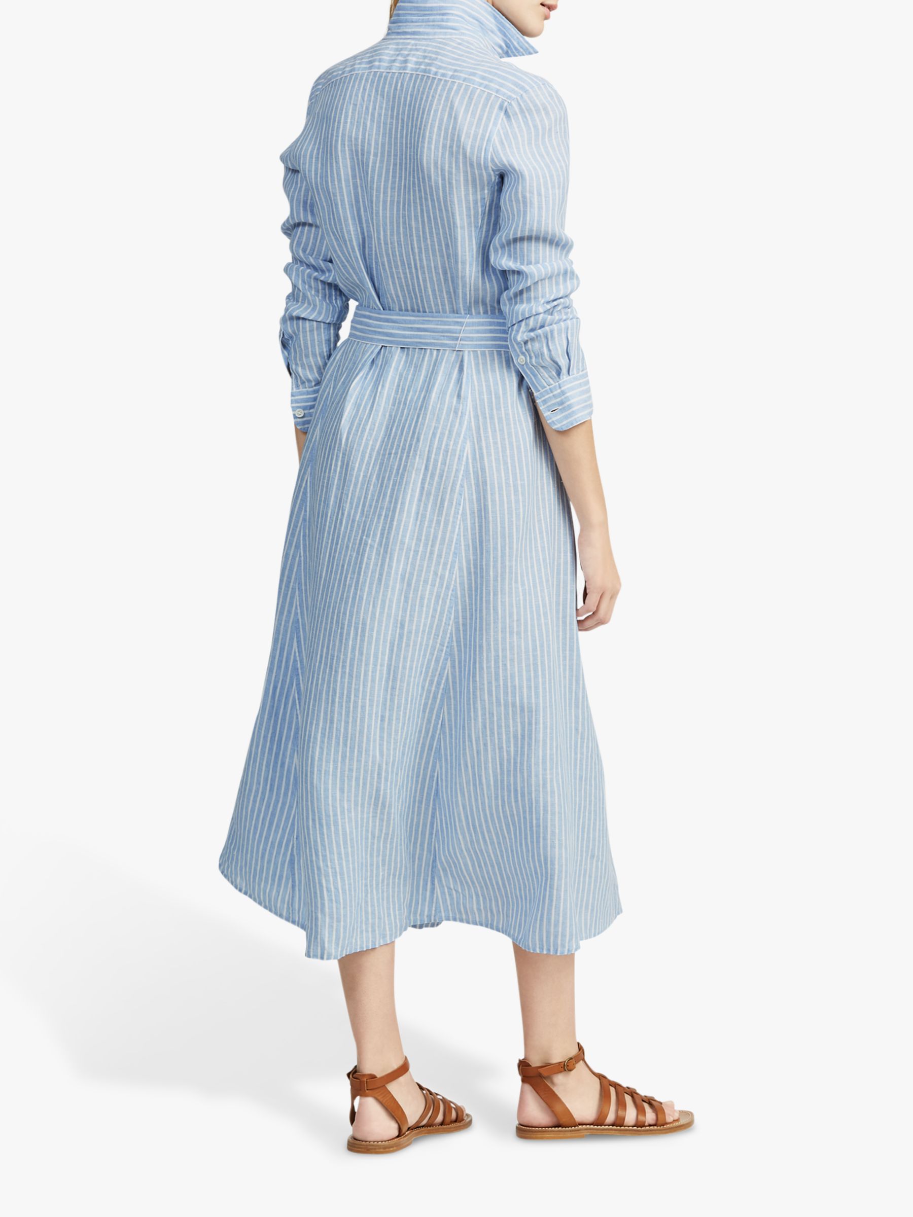 Polo Ralph Lauren Linen Stripe Midi Shirt Dress, Blue/White, 8