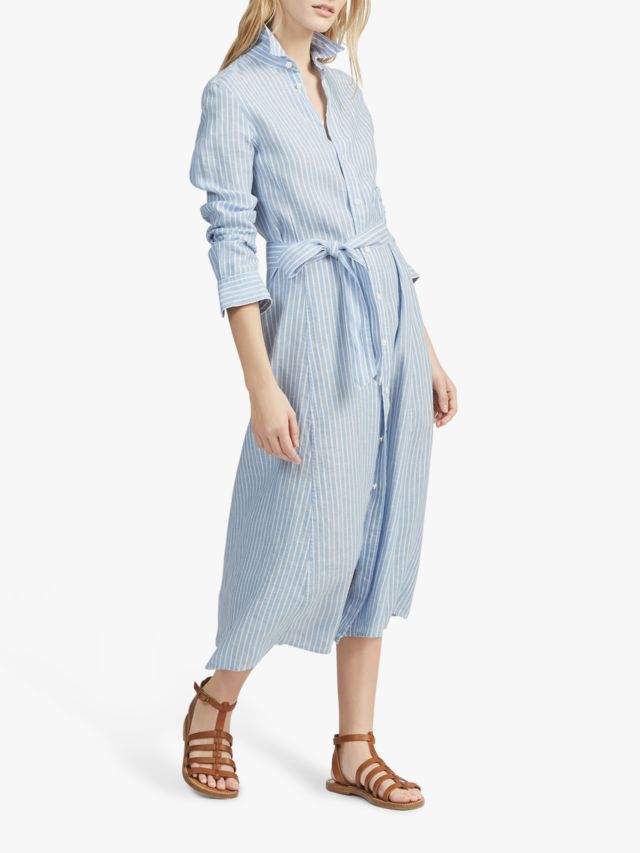 Polo Ralph Lauren Linen Stripe Midi Shirt Dress, Blue/White, 8