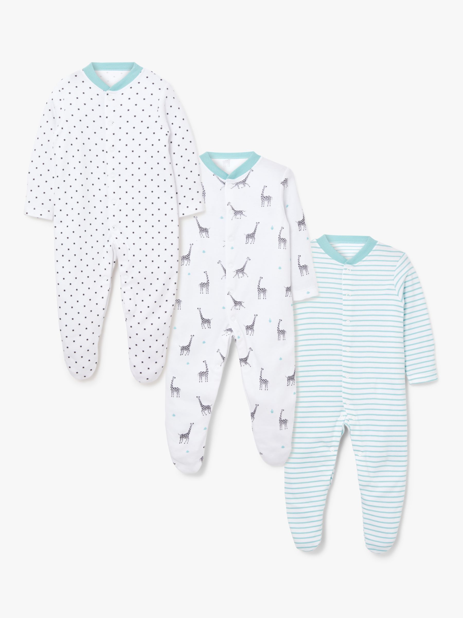 John Lewis ANYDAY Baby GOTS Organic Cotton Giraffe Sleepsuit, Pack of 3, Multi