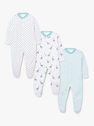 John Lewis ANYDAY Baby GOTS Organic Cotton Giraffe Sleepsuit, Pack of 3, Multi