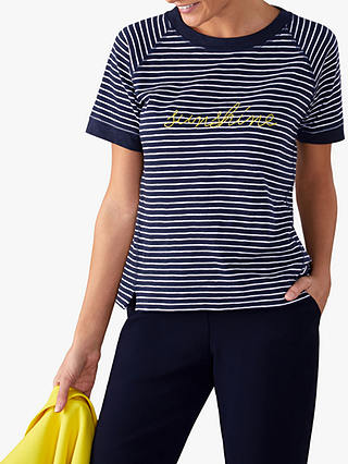 Pure Collection Easy Cotton Striped Sunshine T-Shirt, Navy