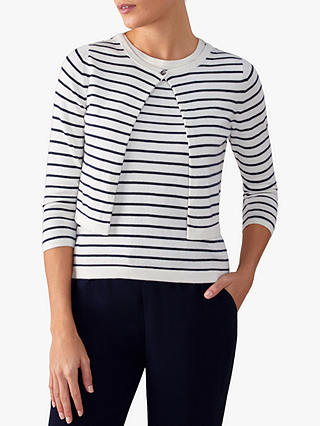 Pure Collection One Button Striped Cashmere Blend Cardigan, Optic White/Navy