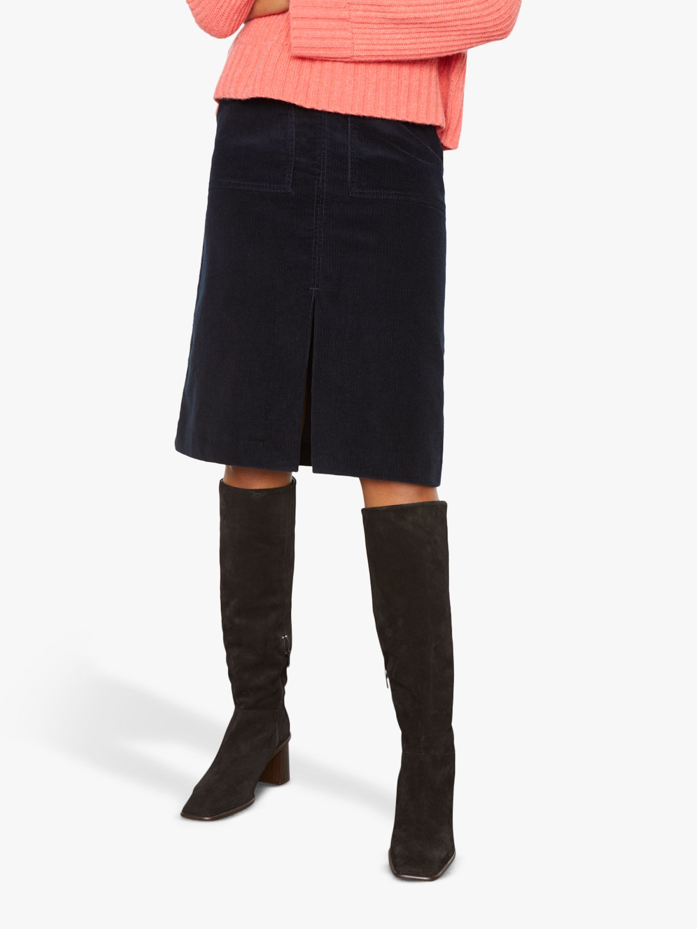 Jigsaw Corduroy Split Mid Skirt, Navy at John Lewis & Partners