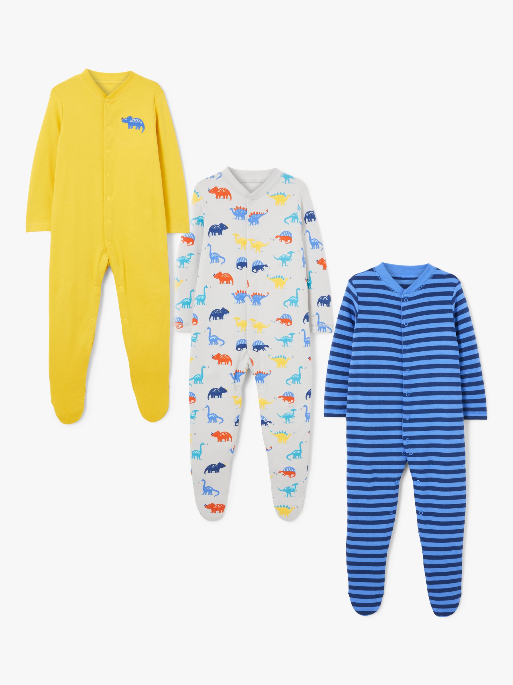John Lewis & Partners Baby GOTS Organic Cotton Dinosaur Sleepsuit, Pack of 3, Multi