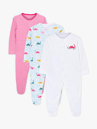 John Lewis & Partners Baby GOTS Organic Cotton Dinosaur Sleepsuit, Pack of 3, Multi