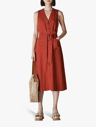 Whistles Military Tie Front Linen Dress, Rust